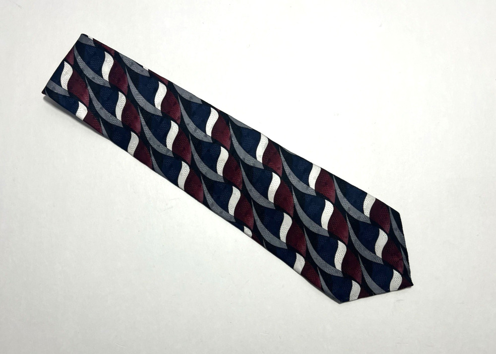 Oscar de la Renta Mens Silk Tie Navy Burgundy Silver White Abstract Wave Pattern